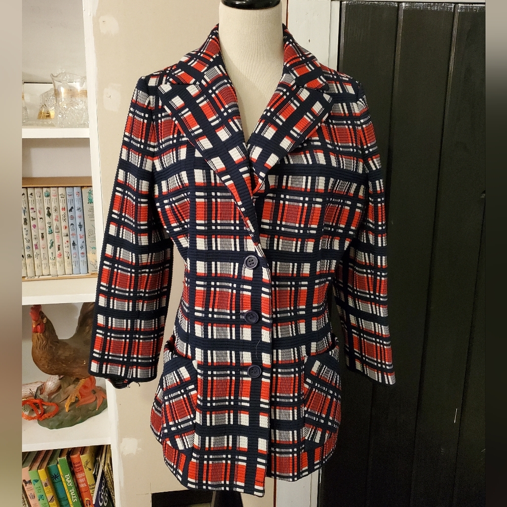 Vintage 1970s/1980s Blazer Navy Blue, Red, and White Plaid Act 3 Size